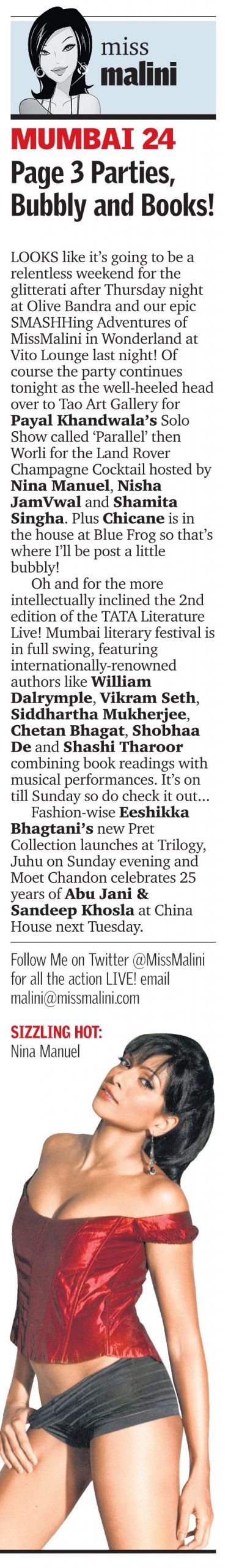 MissMalini in Mid Day: Page 3 Parties, Bubbly and Books!