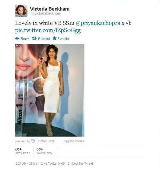 Priyanka Chopra in a Victoria Beckham Spring/Summer 2012 dress, which VB herself tweeted