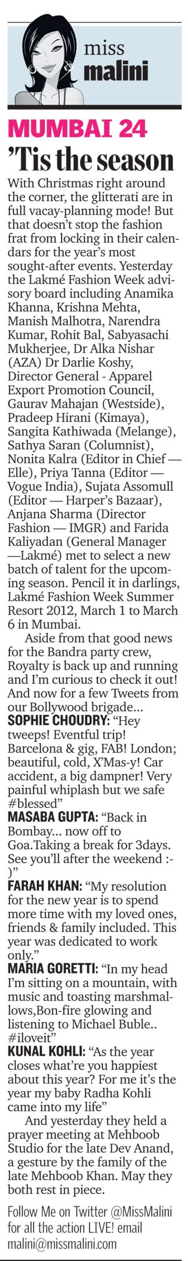 MissMalini in Mid Day – LFW, Royalty, Bollywood Twitterati &#038; Goodbye Dev Anand