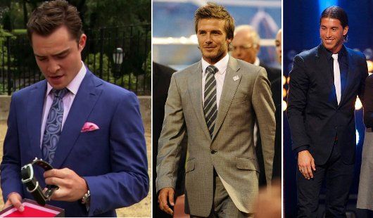 From left to right: Chuck Bass (Ed Westwick) sporting eye-catching pattern over a soft shade; Becks & his regimental tie (repp ties have the stripes slanting down the other way - it's a Brit vs US thing); ever the sartorial train-wreck, Sergio Ramos sporting navy-silver combo - not to be imitated, ever