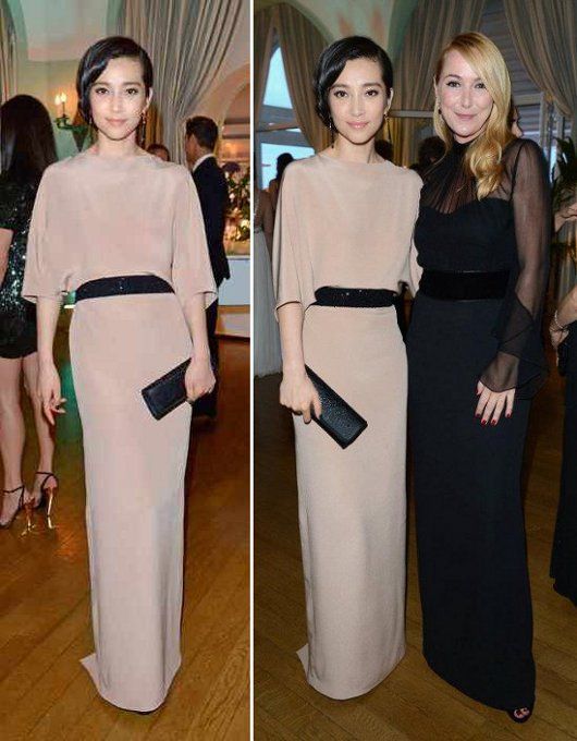 Li Bingbing, in custom Gucci, with Gucci's Creative Director, Frida Giannini, at the Gucci-Vanity Fair dinner party
