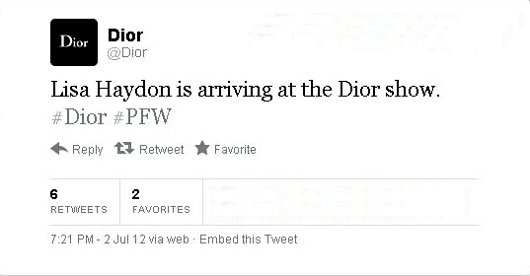 @Dior's tweet informing Lisa's arrived!