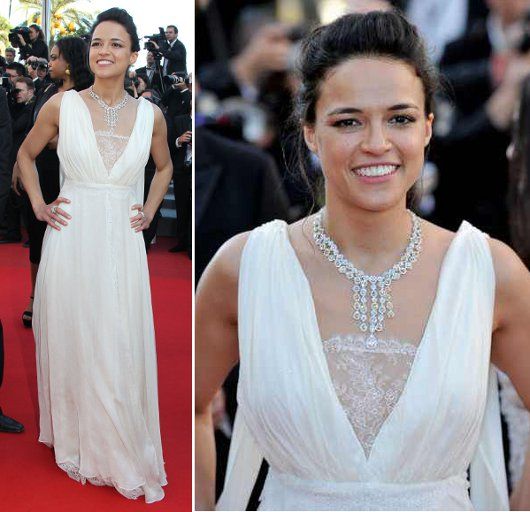 Michelle Rodriguez in a bridal-y gown and Chopard jewels the premiere of "Killing Them Softly" (Photo courtesy | Chopard)