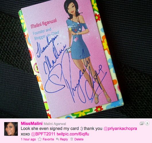 Priyanka Chopra Signed MissMalini's Business Card
