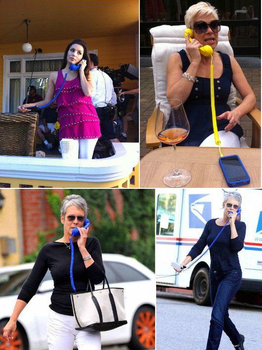 More celebs spotted with Pop Phone (clockwise): Eva Longoria, Denise Welch of Loose Women (ITV UK's show), Jamie Lee Curtis