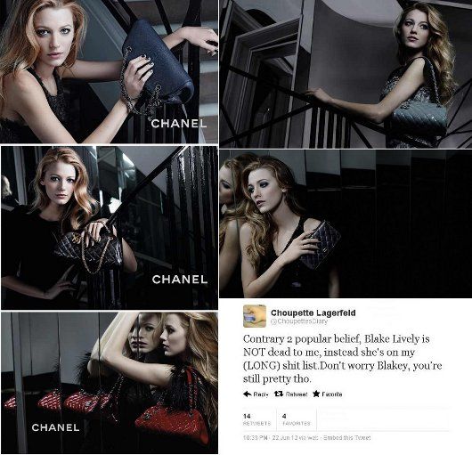 Blake Lively's print ads for 'Chanel Mademoiselle' handbag ‒ and Karl Lagerfeld's kitty Choupette gives her piece of mind