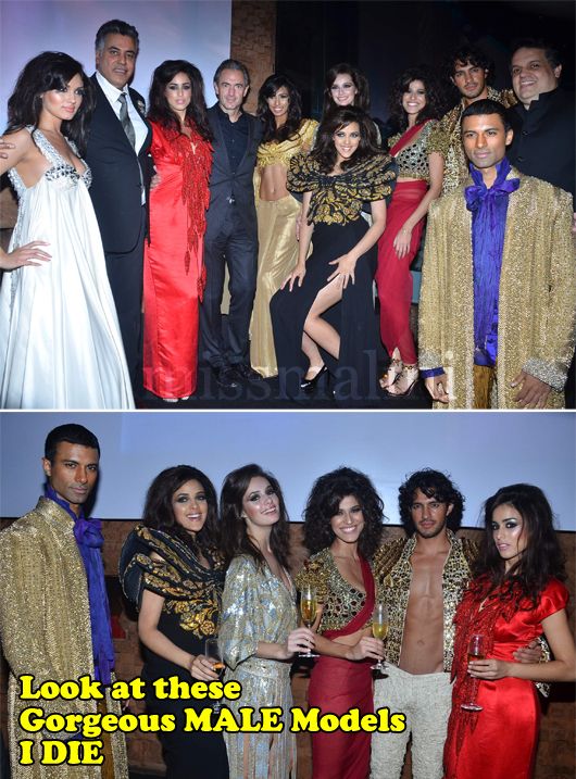 Abu Jani, Sandeep Khosla, Daniel Lalonde and models wearing AJSK