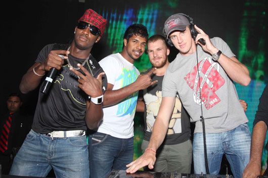 Cricketers Andrew Russell, Varun Aaron, Aaron Finch and Morne Morkel at the Kingfisher LiveWire party