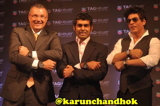 Jean-Christophe Babin, President and CEO, TAG Heuer with Karun Chandhok and Shah Rukh Khan