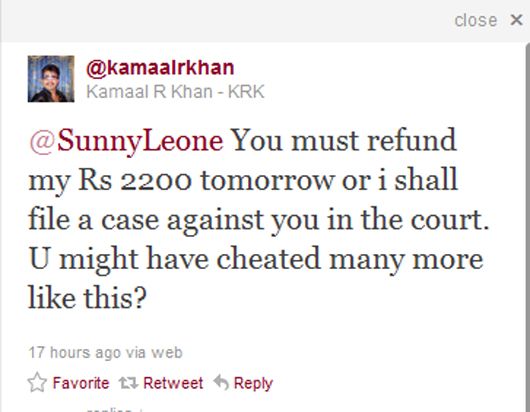 Kamaal R. Khan's threat to sue Sunny Leone