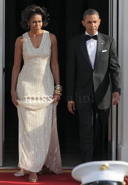 Michelle Obama wears Naeem Khan for a State dinner for Angela Merkel, the German Chancellor in 2011