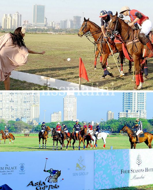 (Top) Neha Dupia throws the ball in to start the match (Bottom) Polo Players with Horses