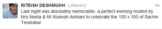 Riteish's review of the party for Sachin