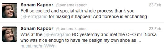 Sonam's tweet about her trip to the Ferragamo Headquarters