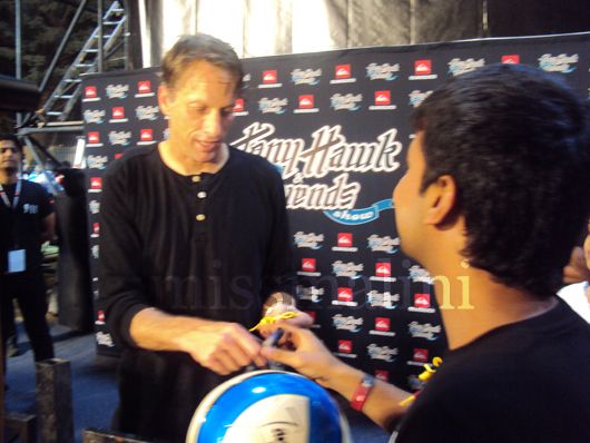 Tony Hawk autographs a ball for MissMalini Contest Winner, Delvin Lobo 