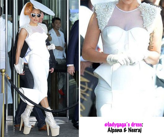Lady Gaga Wears Little Shilpa Headgear and Dress by Alpana & Neeraj