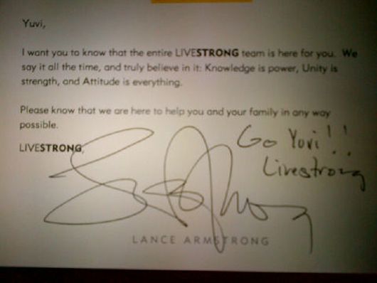 The letter to "Yuvi" from Lance Armstrong