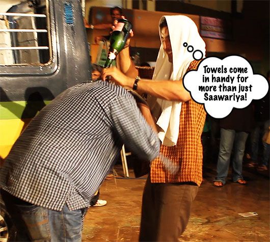Behind the Scenes: Ranbir Kapoor Pours Champagne on Anurag Basu!