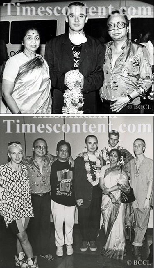 Asha Bhosle with Boy George and RD Burman; The trio with other musicians