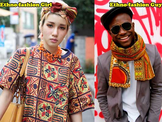 A Korean girl and a Afro-American dude, both work a ethnic dressing trend