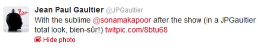 Iconic Designer, Jean Paul Gaultier, Tweets a Photo of Himself and Sonam Kapoor at his Couture Showing in Paris