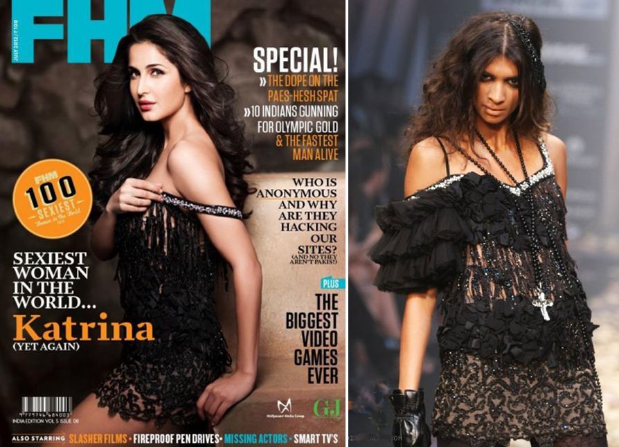 Katrina Kaif on the cover of July's FHM and (right), Lekha raman wears the same dress at Lakme Fashion week in March 2012