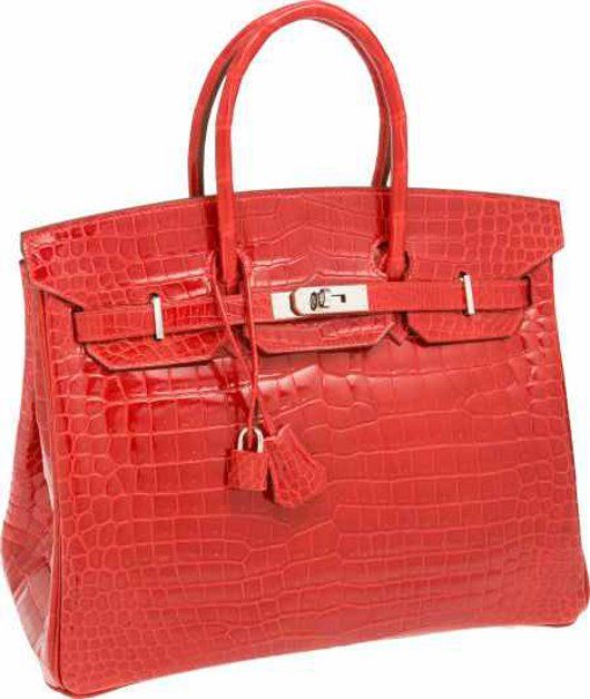Shiny Braise Red Porosus Crocodile Birkin Bag with Palladium Hardware
