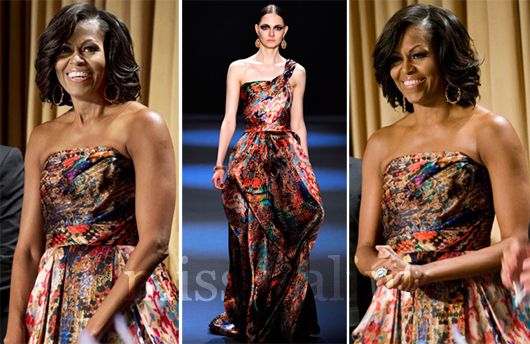 First Lady, Michelle Obama, wears a Naeem Khan gown from the Fall 2011 line