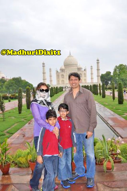 Madhuri Dixit with husband Dr. Sriram Nene and their sons, at the Taj Mahal
