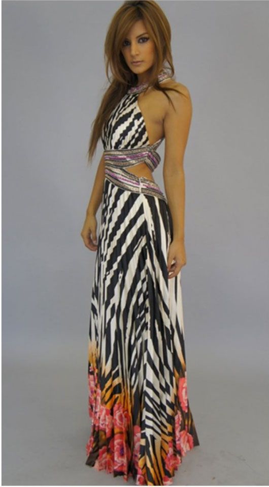 a zebra printed maxi-dress