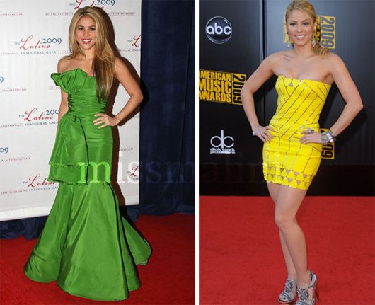Shakira wears Oscar de la Renta (left) and Versace (right)