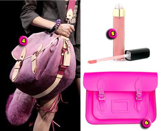 Pink canvas Louis Vuitton sling bag with foxtail, Pink glitter Chanel lip gloss and Neon pink Cambridge satchel bag 
