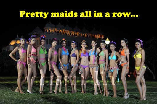 Bikini models pose against the palace backdrop