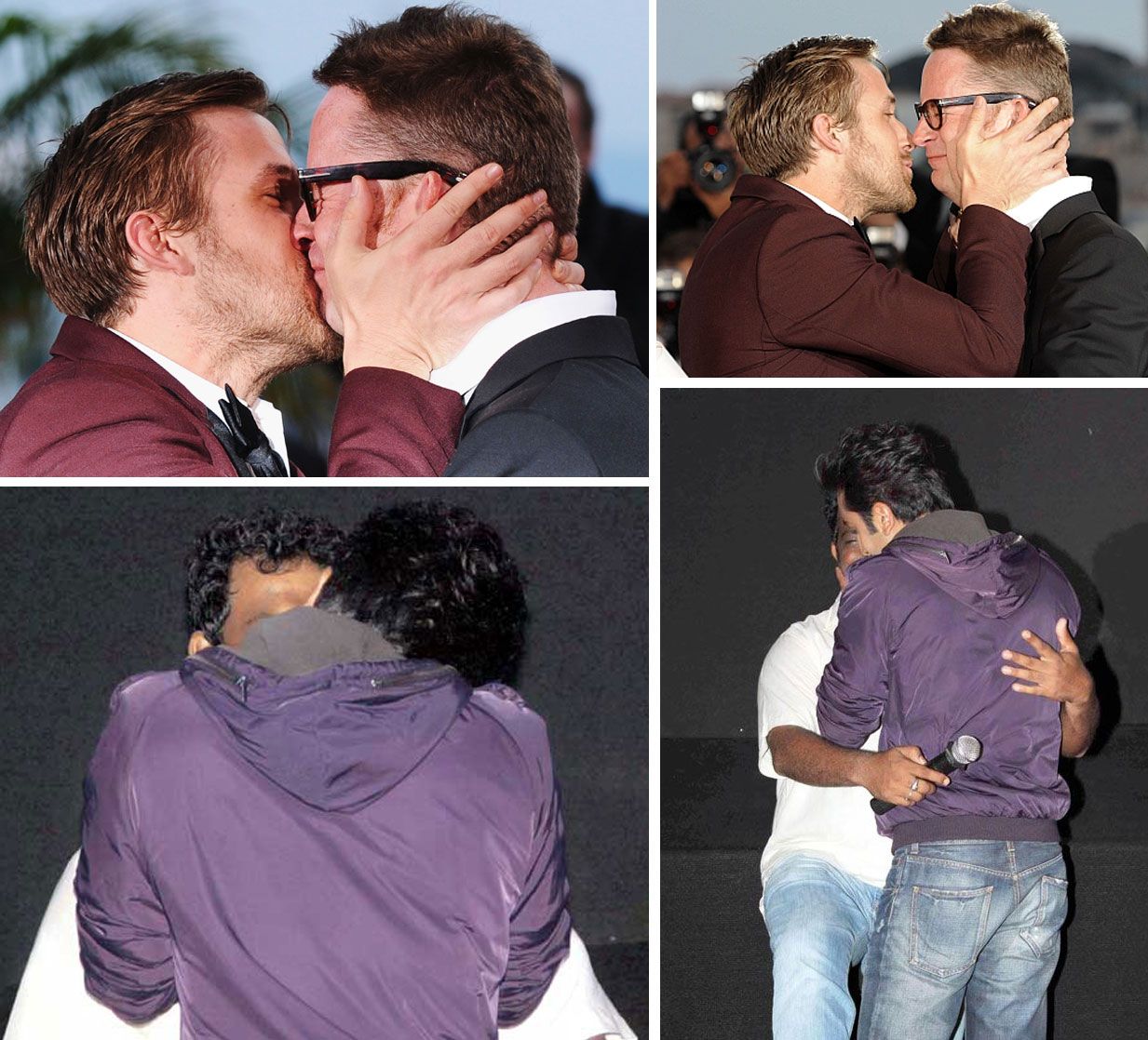 (Top) Ryan Gosling kisses director Nicolas Winding while (below) Ranbir Kapoor kisses Anurag Basu