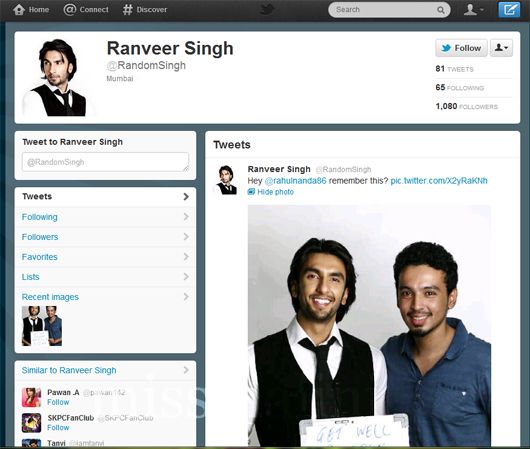 Ranveer Singh is now on Twitter as @RandomSingh