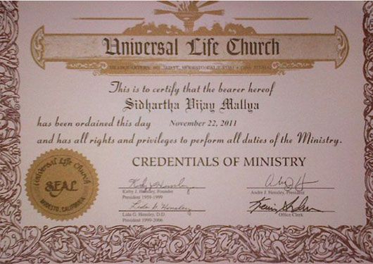 The certificate ordaining Siddhartha as a Minister in the Universal Life Church