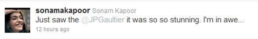 Sonam's tweet on the Gaultier showing
