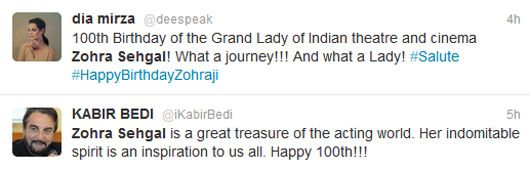 Dia Mirza and Kabir Bedi tweet their wishes to Zohra