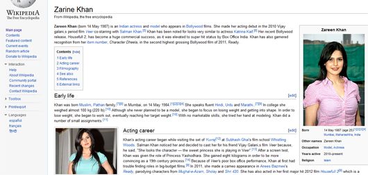 Zareen's page on Wikipedia