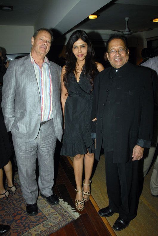Bruce Beresford and Krishna Shah with Nisha JamVwal at a celebration of the announcement for their movie based on Indira Gandhi