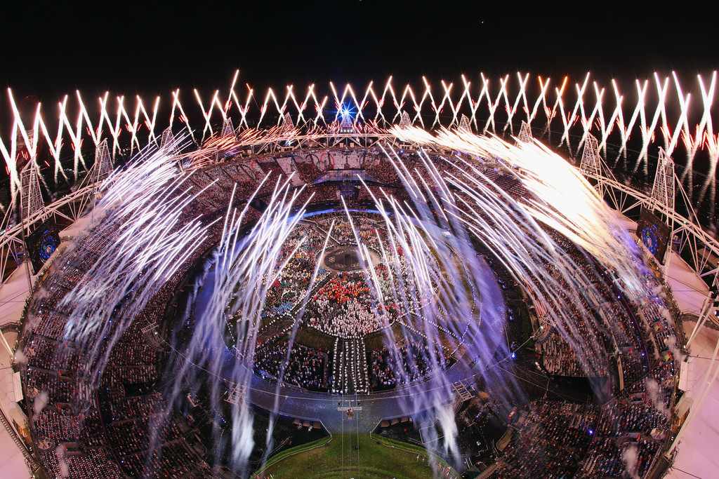 Fireworks going off at the London 2012 Olympics Opening Ceremony
