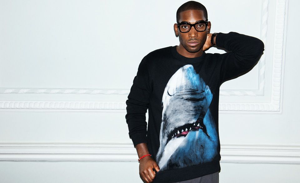 Tinie Tempah wearing Givenchy Shark-print sweatshirt (Photo courtesy | Mr Porter)
