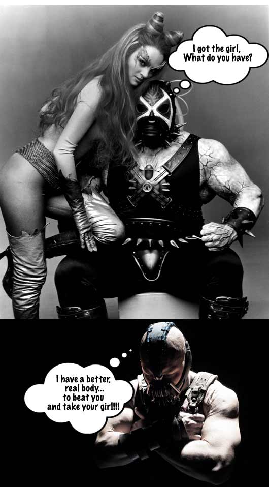 (top) The Bane with Posion Ivy from "Batman and Robin", (bottom) The Bane in "The Dark Knight Rises"