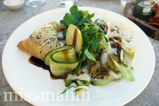 Warm spinach pie with winter salad greens