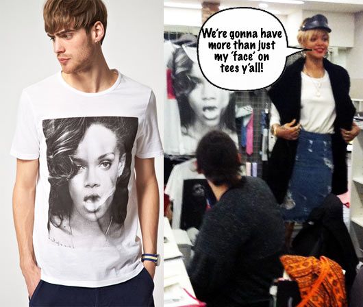 Past tee print with "Rihanna"; fan-pic of Rihanna at a River Island store