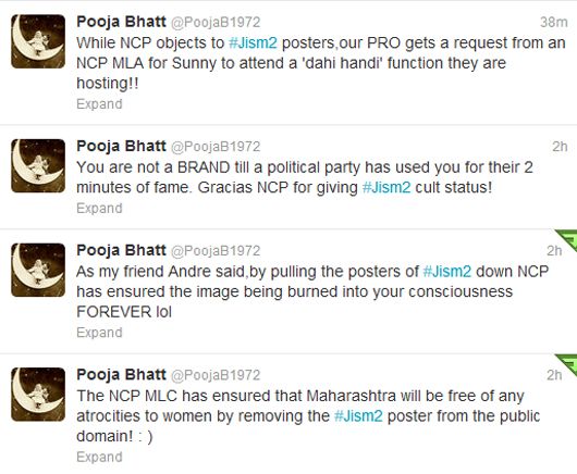 Pooja Bhatt's tweets on Jism-2 poster controversy