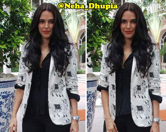Neha Dhupia wears a Masaba Gupta jacket (Pix: Viral Bhayani)