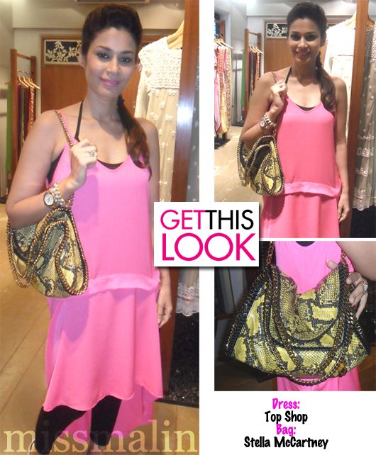 Shaheen Abbas wears a Top Shop dress and a Stella McCartney handbag