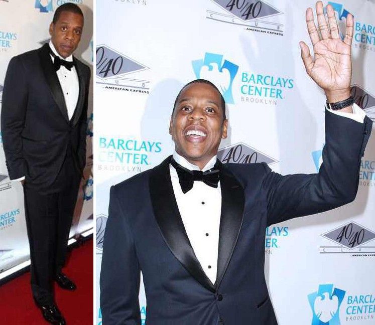 Jay-Z in a Tom Ford midnight blue shawl collar dinner jacket, as worn by Daniel Craig in "Skyfall", at the opening of his club 40/40