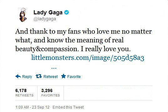 Lady Gaga's tweet re: size 0